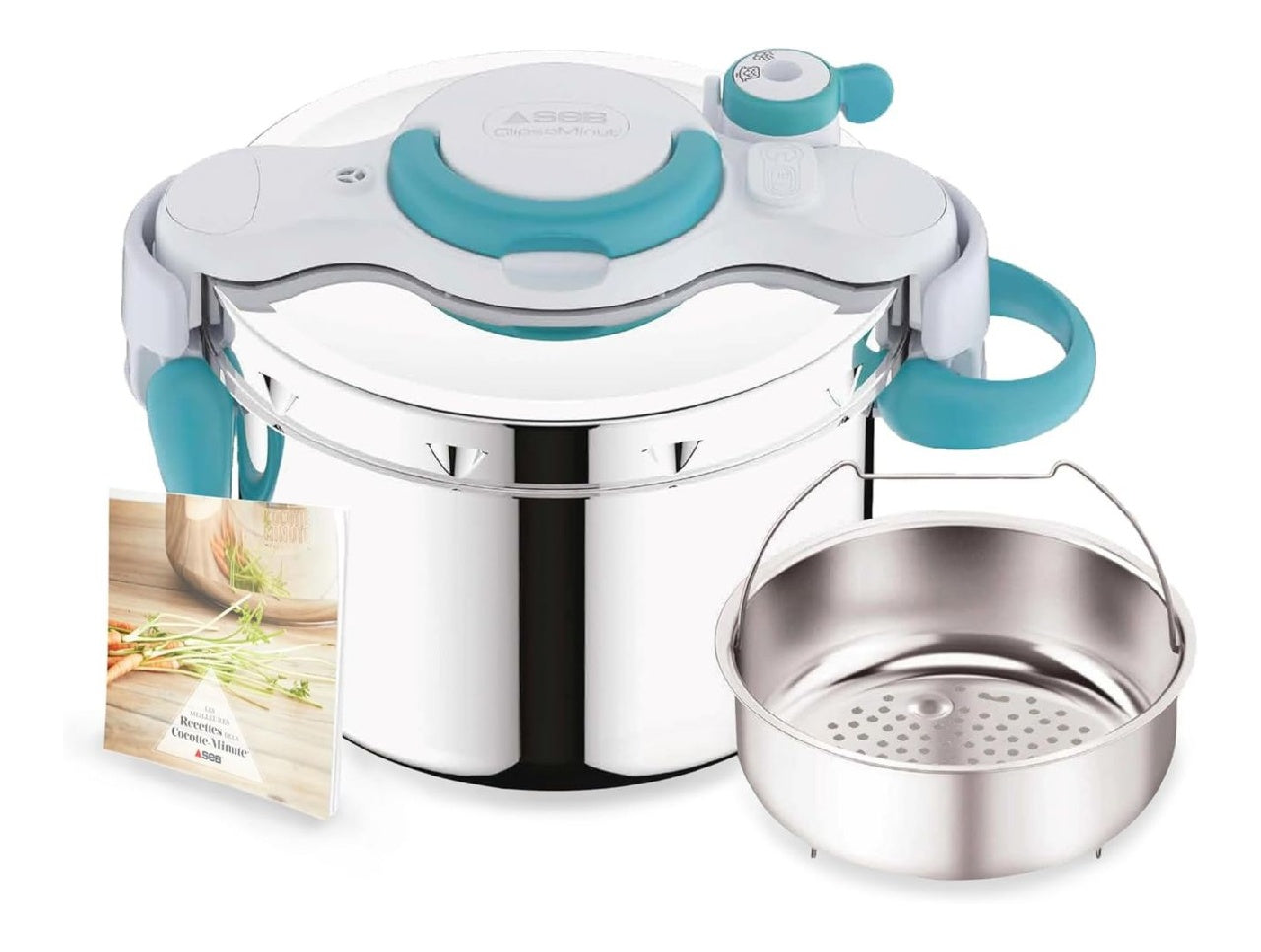 Autocuiseur SEB ClipsoMinut Easy 6 L Inox Bleu Cocotte minute induction destine a 5 a 6 personnes Ouverture facile une main Poignees rabattables Cuve inox garantie 10 ans