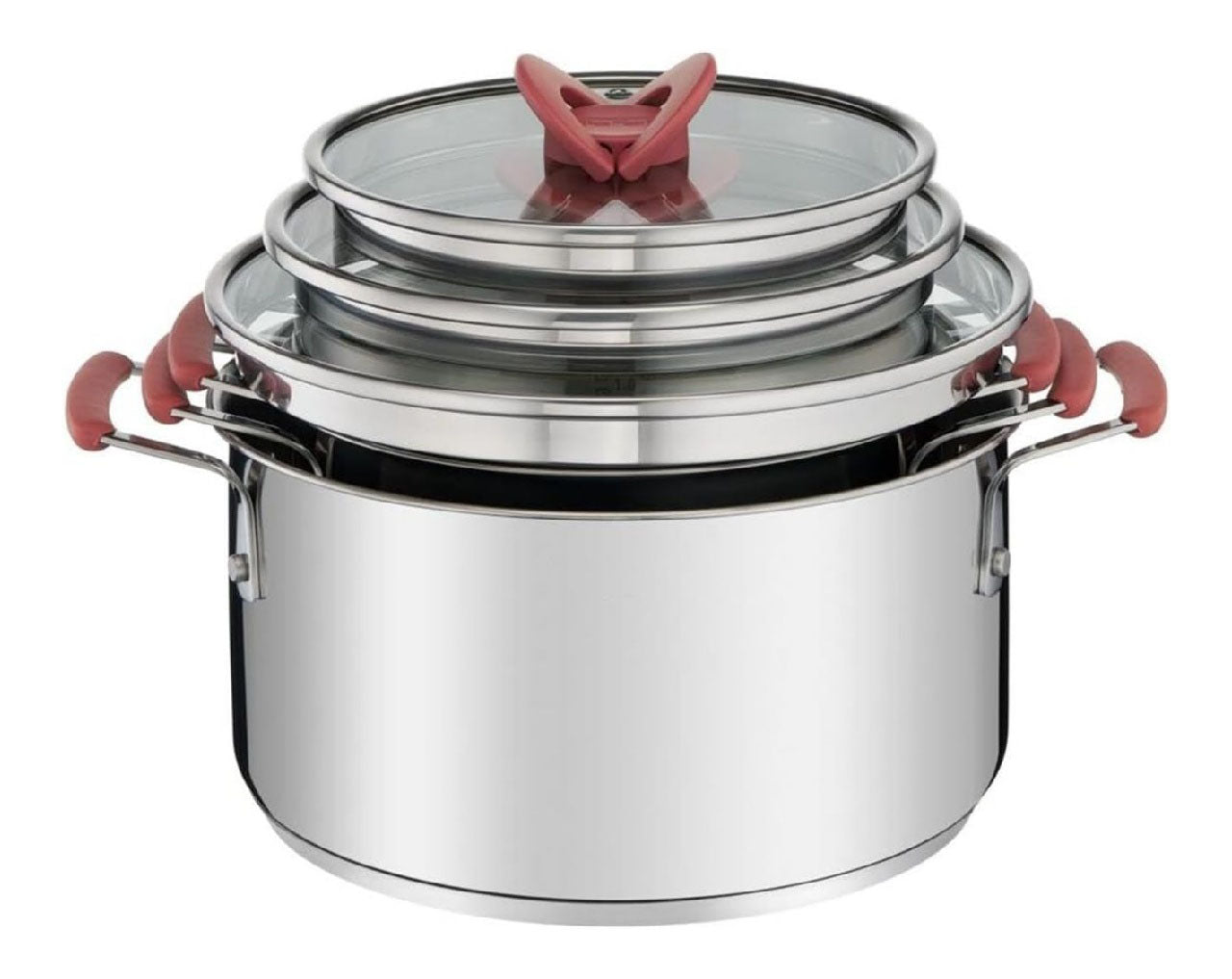 Space Lot Opti de 3 Faitouts avec Couvercles Acier Inoxydable Batterie de cuisinette induction empilable destine a gain de place Cuisson homogene Compatible four ainsi que refrigerateur