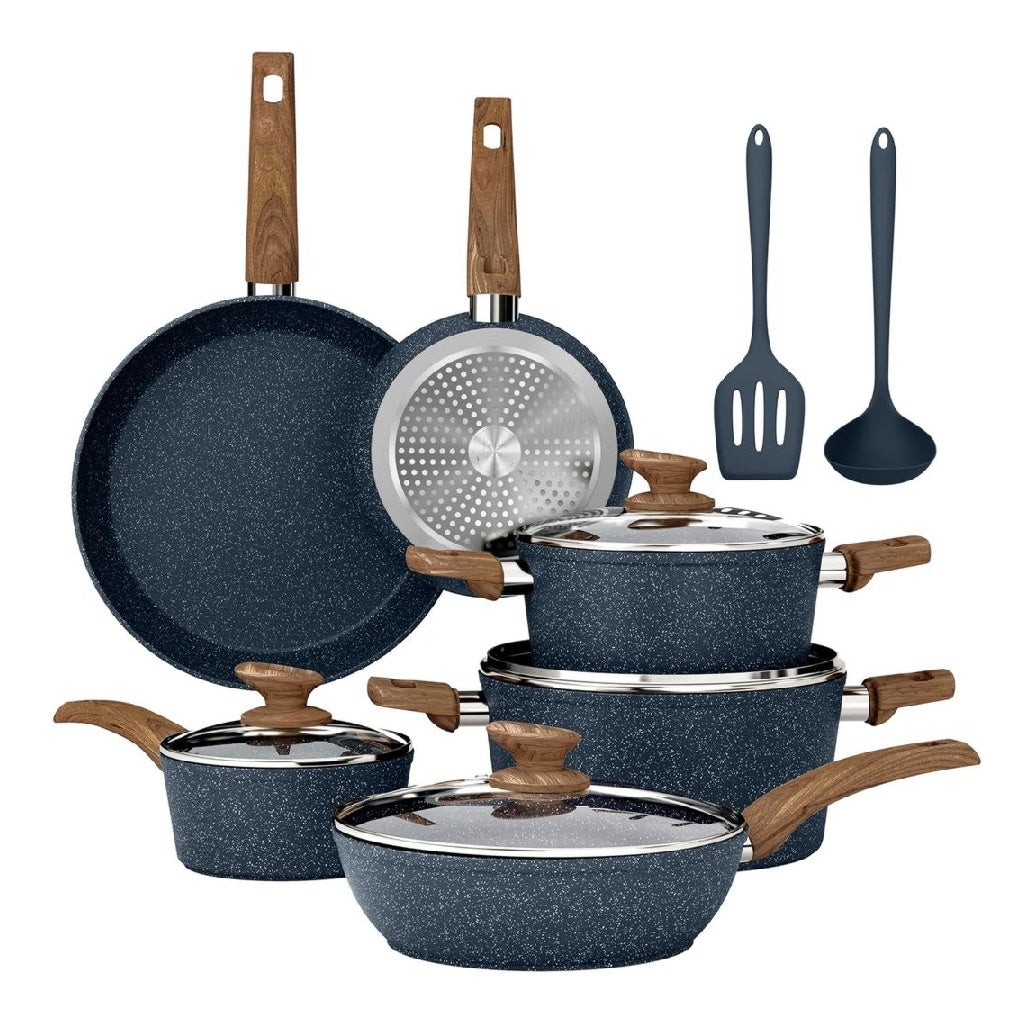 Academy Batterie Kitchen Cuisine Induction 12 Pieces de Casserole et Poele Antiadhesive dans Granite Batterie de Cuisine Tout Feux 100 Sain et Sans PFOA ni PFOS Facile a Nettoyer